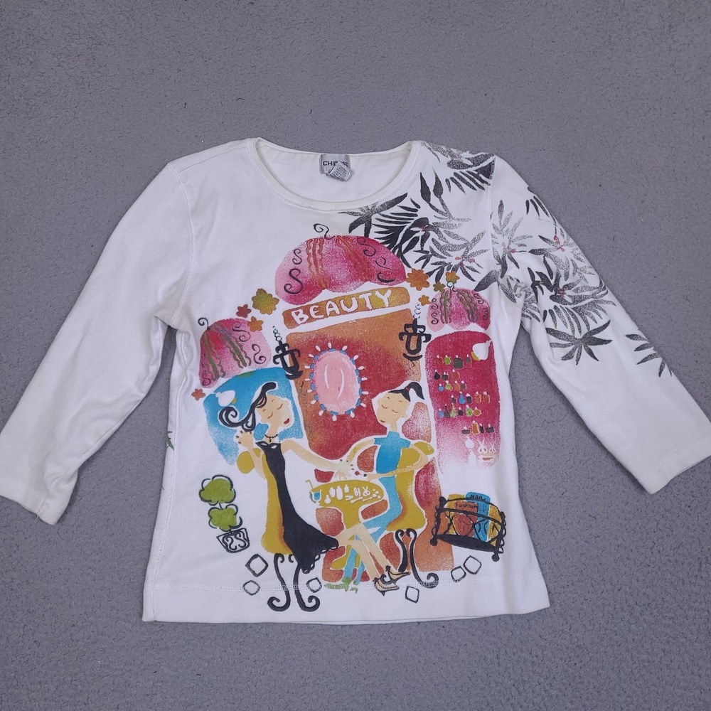 Chicos T-Shirt Womens Size 1 Beauty Spa Relax Graphic‎ Tee 3/4 Sleeve